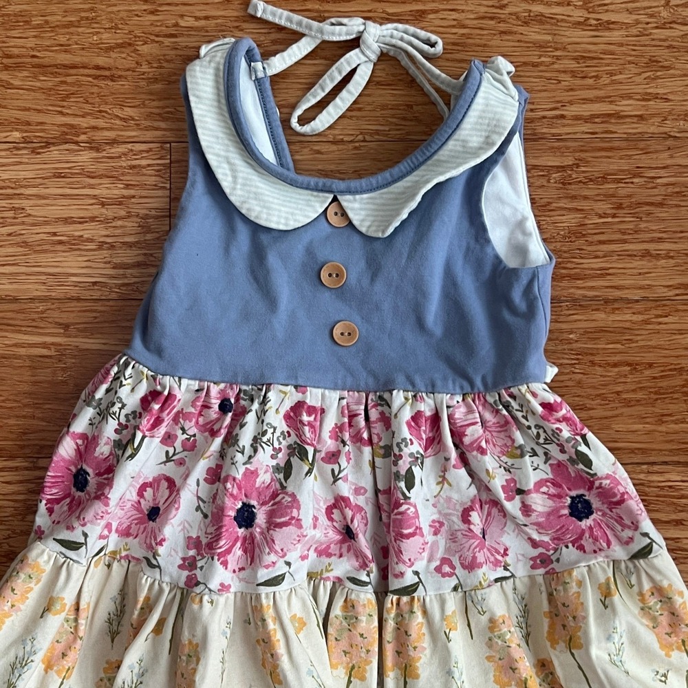 SweetHoney Tiered Floral Dress Girls 5Y Sleeveless Peter Pan Collar Blue Pink - Picture 12 of 13